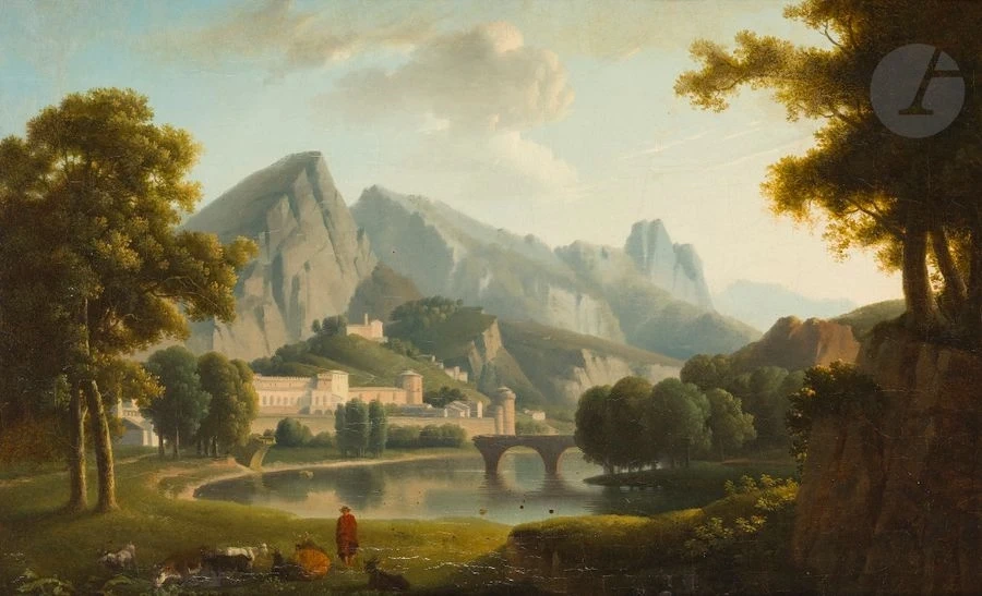 Alexandre Hyacinthe Dunouy - Paesaggio classico con un ponte rotto su un'ansa del fiume in Italia